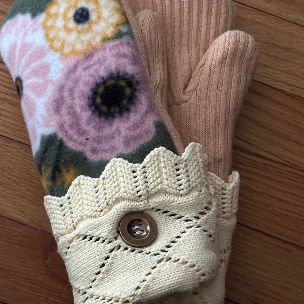 Upcycled Floral Handmade Wool Gloves with Button Detail, Fleece Lined - Picture 2 of 6